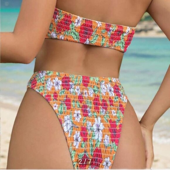 New WDIRARA Orange‎ Floral U Ring Bandeau Bikini Size Medium - Picture 3 of 6